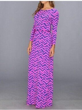 Lilly Pulitzer Nigella Maxi Dress Pop Pink I Got Lucky Boatneck 3/4 Sleeves Med